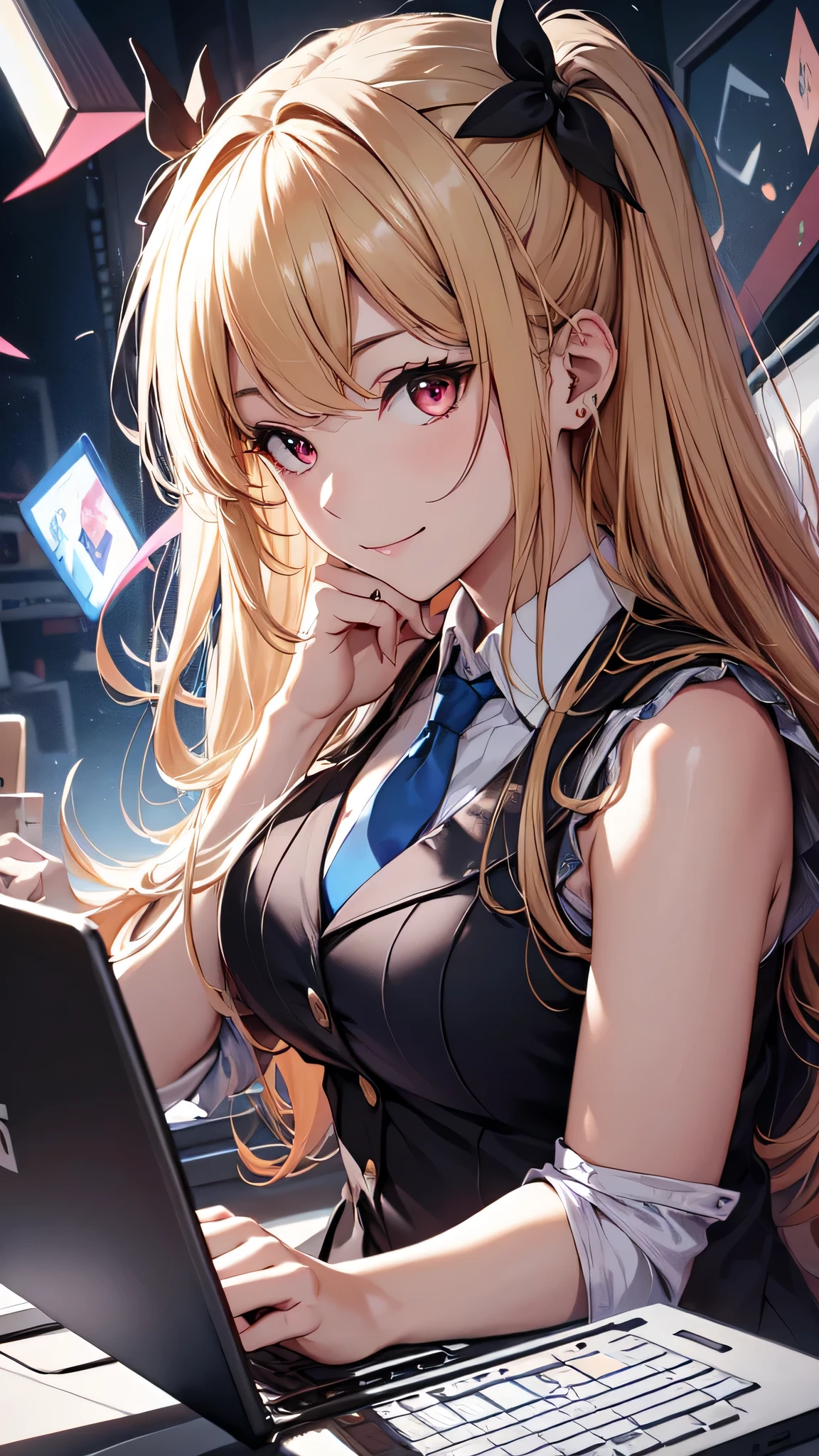 最high quality、best image quality、masterpiece、girl((18-year-old、 By becoming、vest bust、medium bust,wide open breast tea、red glowing eyes, blonde、messy hair、long hair、thin,highest valley、black suit、Blue tie、open chest、White wristband、smile、Leaning forward、hair ornaments、have a laptop)),high quality、beautiful art、background((White computer room))、Flight、debris flies、Depth of written boundary、movie、visual art、perfect art、8K,genuine、