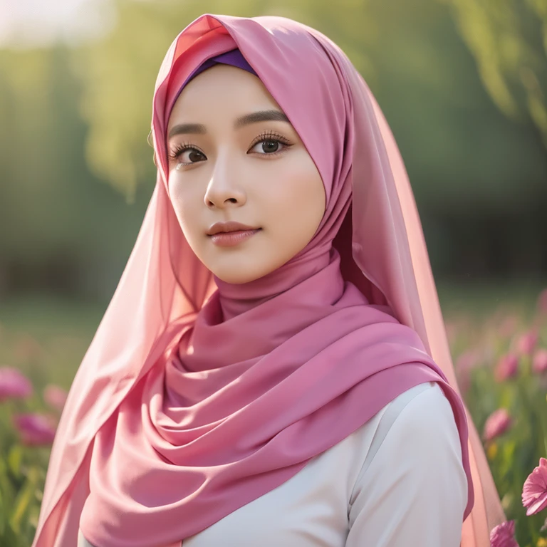 arafed woman in pink hijab in butterfly field, beautiful digital painting, beautiful art uhd 4k, beautiful digital artwork, beautiful digital illustration, very beautiful portrait, beautiful detailed portrait, beautiful digital art, very digital art beautiful, stunning digital painting, detailed beauty portrait, beautiful digital painting, 4k detailed painting, beautiful beautiful digital art, UHD, realistic, faint smile.

