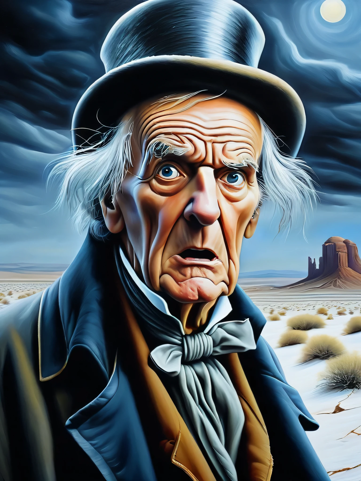 Ebenezer Scrooge with a surprised expression, with background a cold winter in the desert, photo realistic oil on canvas painting, surreal cinematic fantasy style