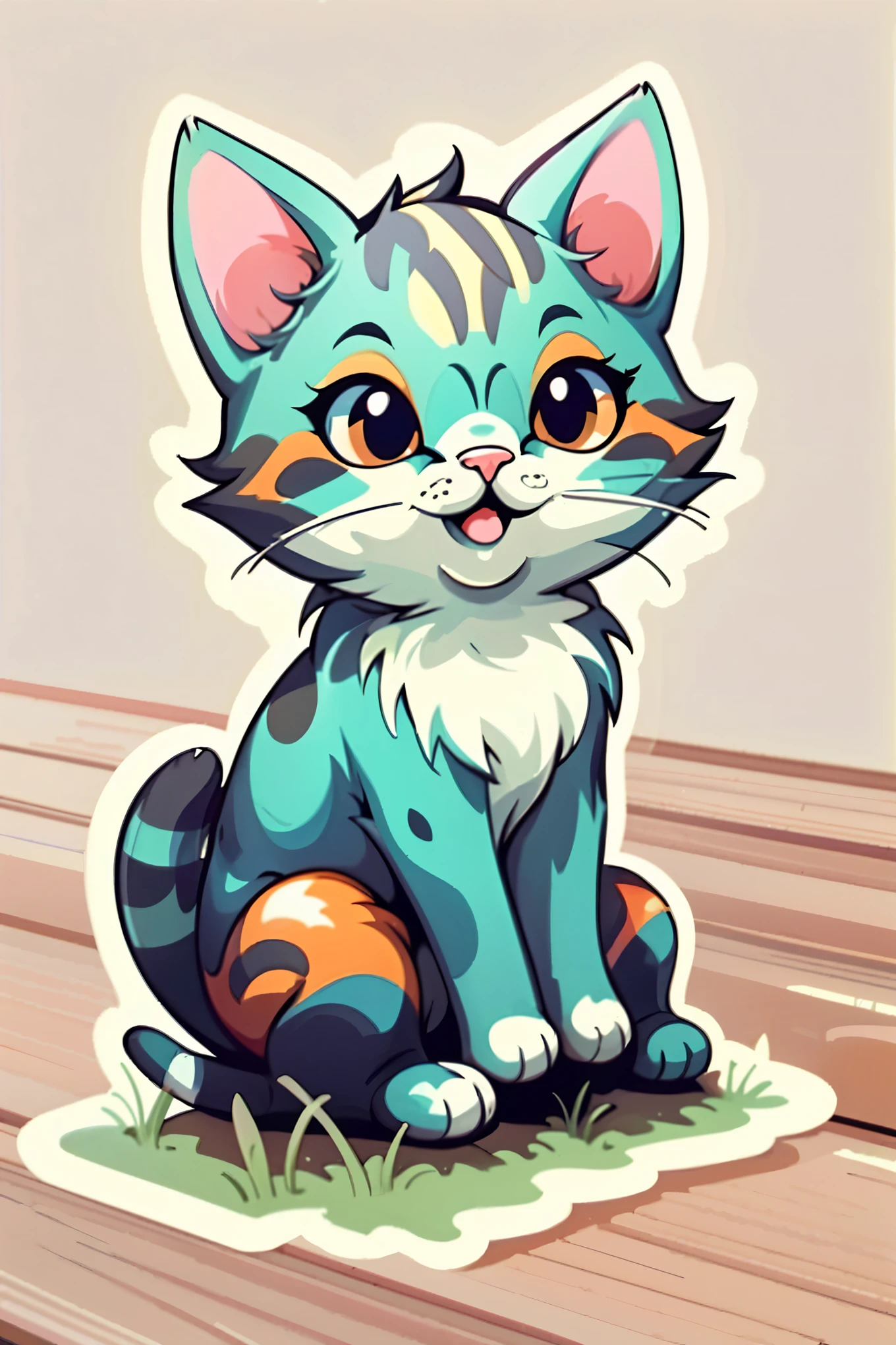 Anime cat sitting on a mat, one ear tilted back, a playful sticker on its forehead. The content of this pixel art is an earthy Scene of the cat in a serene forest. The contour lines are sharp and intricately detailed, made in vector art. The white background emphasizes the cat's vibrant fur and expressive eyes. Observe the cat's every feature and let the pixel art bring joy and relaxation.