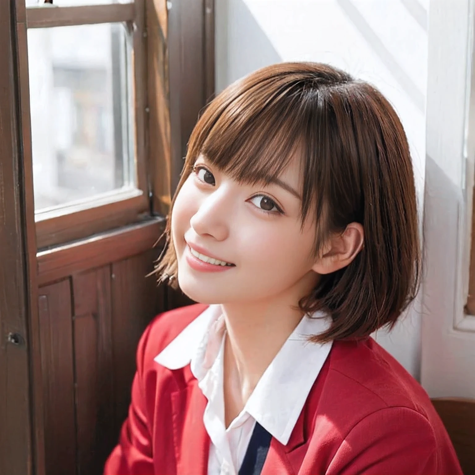 Beautiful, vivid and detailed eyes、Stunning long eyelashes、A portrait of a Japanese girl with a very detailed and very cute face、Bring out her delicate features。close up of face。Ultra-detailed and realistic:1.37、masterpiece:1.2。The girl is in a bright classroom as the background。Filled with sunlight streaming in through the window、Creating a warm and cozy atmosphere。Her short hair is dyed a vibrant shade of red.、It adds a pop of color and uniqueness to her look.。She wears a uniform that is tailored to fit her slim body perfectly.。She smiles erotically、I feel ecstasy and orgasm:1.2。The sunlight casts soft shadows on her face、Illuminating the details of the uniform、Increases the realism of the entire image。The composition of the painting is well balanced.、It's harmonious.、It captures the beauty and innocence of youth.。