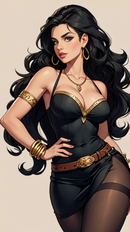 1woman 30year old, pin-up,solo, long hair, looking at viewer, long curly hair, cleavage, bare shoulders, green eyes, jewelry, medium breasts, earrings, slit soft dress, pantyhose,belt, necklace, bracelet, lips, armlet, ((dynamic angle)),