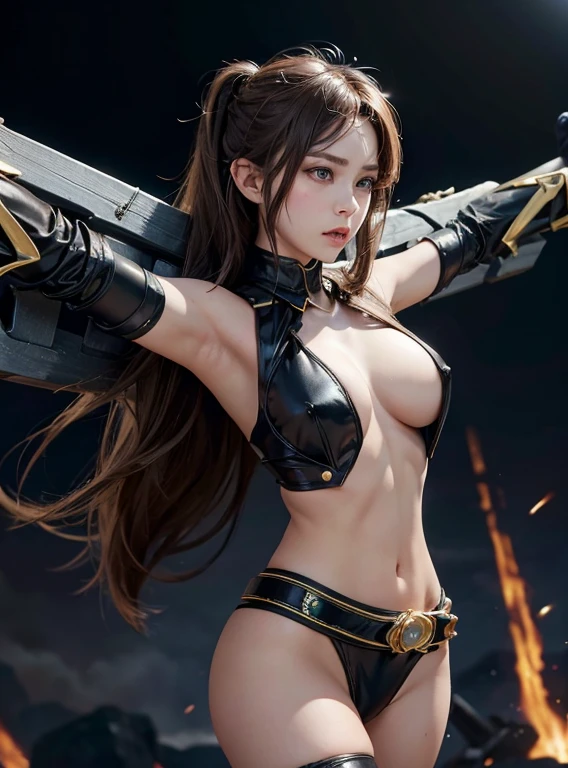 battlefield, one girl, almost naked, big breasts, slim, perfect proportions, (arms spread horizontally), christ pose, textured skin, ultra detailed, highly detailed, high quality, highest quality, high resolution, 1080p, hard disk, gorgeous beauty, (kamen rider 555), (female rider), clothes are ripped to shreds, big breasts visible, beautiful nipples, transformation belt, battle mode, metal, female rider lost in battle, cross, looking at viewer, slave, collar, BDSM, big breasts, beautiful nipples, whip marks all over the body, crucifixion