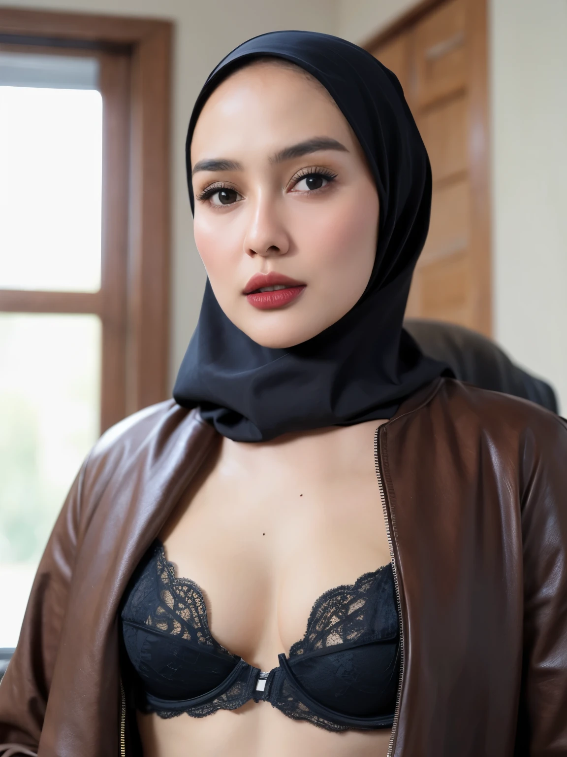 Coats, ((HIJAB)), (Wearing Bra Lingerie), (((HIJAB MALAY GIRL))), masutepiece, High quality, UHD 32K, Realistic face, Realistic skin feeling , A Malay Lady, 8 years old, , Very cute and baby-like face, (((FLAT CHEST))), (MATRIX WORLD), ((look In front  at the camera and SADNESS)), ((())), (((CUTE GIRL))), ((BROWN LIPS)), ((BROWN)), (undress). WEAR BRA LINGERIE,