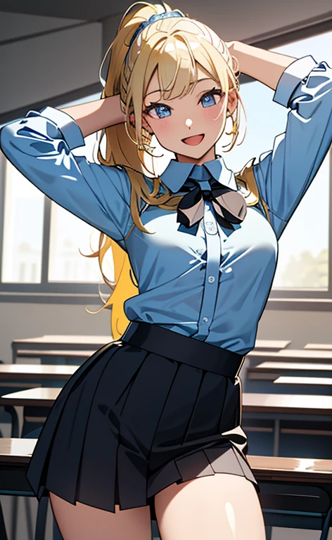 (realistic:1.4、​masterpiece、top-quality、8k size wallpaper、offcial art)、(character focus、,cowboy shot:1.6)、(1girl),(seductive smile,Open mouth:1.3),(half closed eyes),cute face,blue eyes、(arms behind heads:1.3)、
,(stand),(Shining smile),
,(slender),(school uniform),(ponytail、long fluorescence blonde hair1.3), (small breasts)、
、fluorescence、classroom,JK、