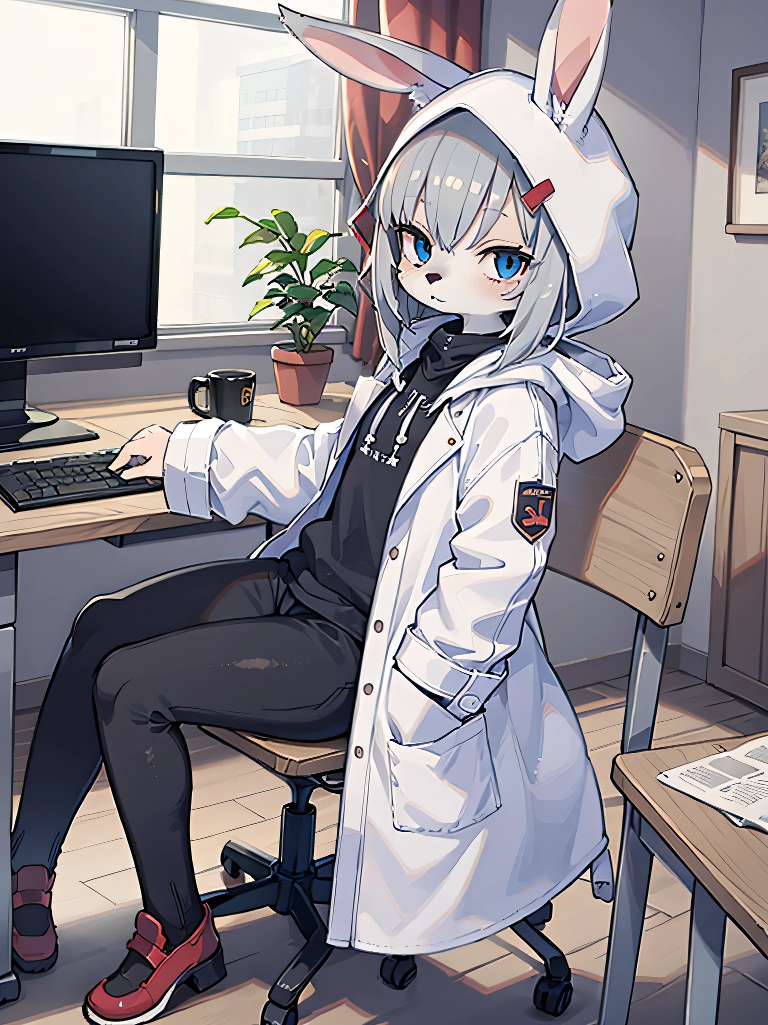 (masterpiece, highest quality), intricate details, 8K, white rabbit ears, whole body, one man, slender body shape, anime, tall, gray hair, white coat, black pants, furry,Wearing a white hood, blue eyes, Thinking face, room, using a computer, sitting in a chair