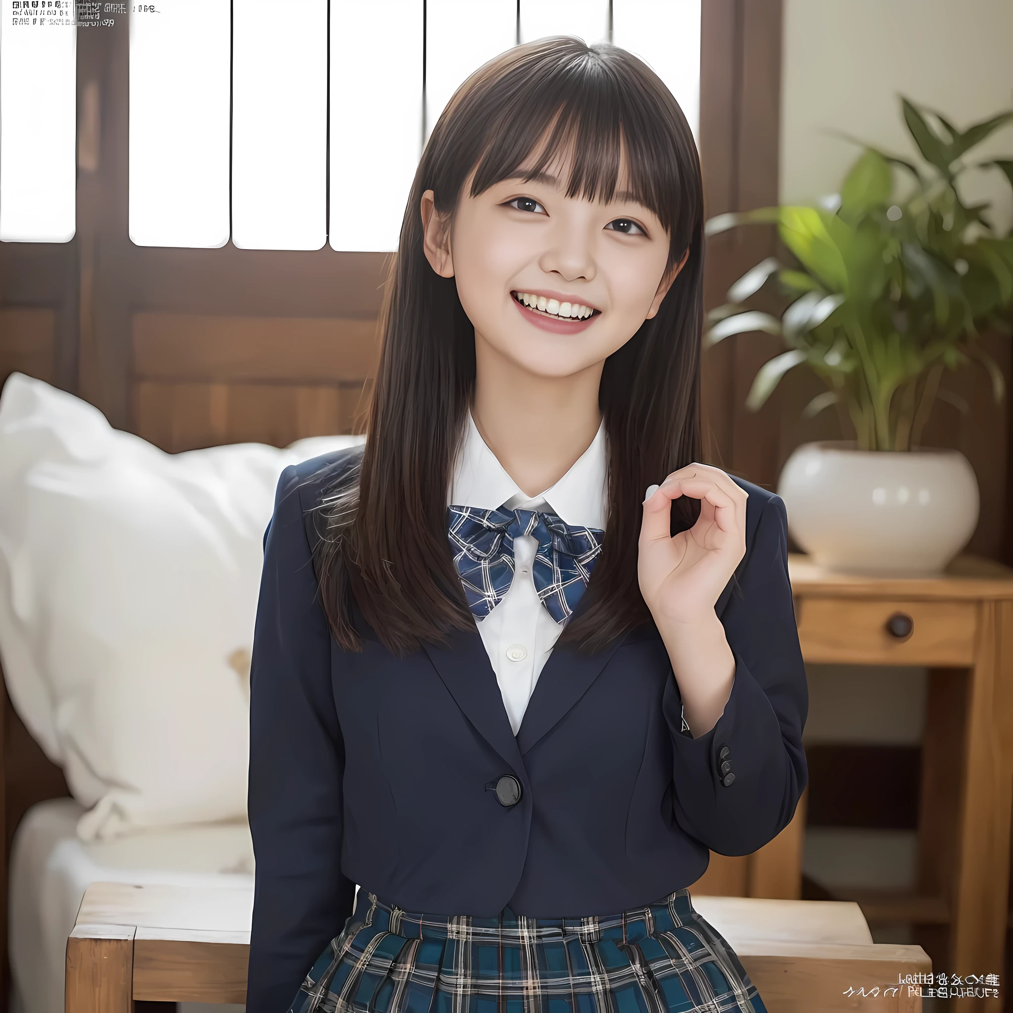 (highest quality、masterpiece:1.2)、highest quality、realistic、photograph、High resolution、1080p、8K、The face is especially pale., physical rendering、((Height: 155cm)), one Japanese girl、((He appeared as a 15-year-old Japanese junior high school student.3A human siren appeals to the audience.)), (((((All of them are beautiful fashion models from Japanese girls' magazines.))))), , (((big very detailed beautiful dark brown eyes))), ((blue girly large wine-red glossy polyester Japanese school ribbon bow tie)), (((black very beautiful and very very long straight hair))), ((((deep blue colored tartan checkered formal long pleated pleated skirt)))), ((A unpatterned formal dark blue blazer in solid that is slightly oversized and has an emblem on the left chest.)), (((((((laughing at me!))))))), mouth is open, The large blazer and skirt are very cute., detailed fingers, Slender body, ((curled bangs)), so beautiful, ((Very big and very very very cute eyes of a Japanese girl)), ((large pupils)), double eyelids, The entire skirt is photographed, thin eyebrows, ((drooping eyes)), (((very long eyelashes))), ((cute lovely lovely laughing laughing cheeks)), ((Pure white light hits her face from above and in the front, making her skin and eyes shine beautifully.)), ((Strong light hits the nose and cheeks、It brings out the richness of the expression.)), (((((Her face is expressive, pure and very intelligent.))))), (((looking at the viewer))), (((((At a very gorgeous room)))))