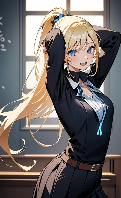 (realistic:1.4、masterpiece、top-quality、8k size wallpaper、offcial art)、(character focus、,cowboy shot:1.6)、(1girl),(seductive smile,Open mouth:1.3),(half closed eyes),cute face,blue eyes、(arms behind heads:1.3)、
,(stand),(Shining smile),
,(slender),(school uniform),(ponytail、long fluorescence blonde hair1.3), (small breasts)、
、fluorescence、classroom,JK、