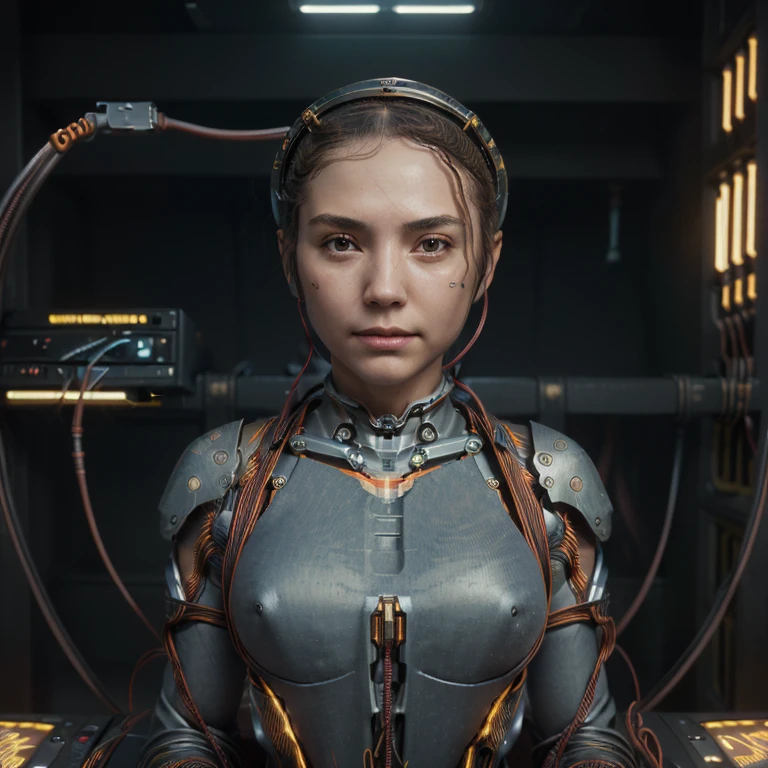 (((masterpiece))), ((Best quality)), ((Ultra detailed)), (computer graphics), (extremely cunning and beautiful)), (cute face on desktop), Cinematic light, ((1 mechanical girl)), lonely, full, (machine connections). : 1.4), ((mechanical limb)), (Blood vessel, attached to the tube), ((Mechanical spine, attached to the back)), ((mechanical cervical vertebrae, attached to the neck), ((War machine)), inexpressive, (wires and cables, attached to head and body: 1.5), (character focus), Science fiction