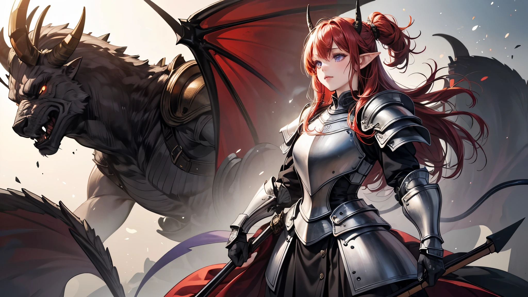 (Masterpiece, best quality), detailed, character sheet, many items (the same person, medieval royal armor, demonic heavy armor, fullplate armor, many parts), athletic, busty, demon, demon girl, detailed beautiful purple eyes, detailed face, pointy ears, red hair and white skin, braided ponytail, demon horns, full of details.