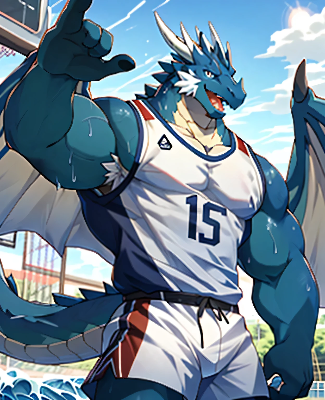 Publaz, (dragon), Two-color, dragon&#39;s eyes, (muscular body:1.3), perfect eyes, Handsome, OK,(white basketball jersey), (on the playground),(Express), sports field background,(close up),(happy eyes:1.2),look at screen,(dragon horn),(Dragon tail),different students,A perfect masterpiece,(16K),white belly,alone,((Strong)),(sports field background),(Sweat),Perfect proportion,front,blush,(Wave hello，Watching you:1.5),(Basketball in hand:1.3),(Open your mouth slightly and breathe.:1.2),(close range:1.2),(clothes soaked with Sweat:1,3),Strong,muscle,more details,CG,bi-winged，With wings，HD，detailed，clear