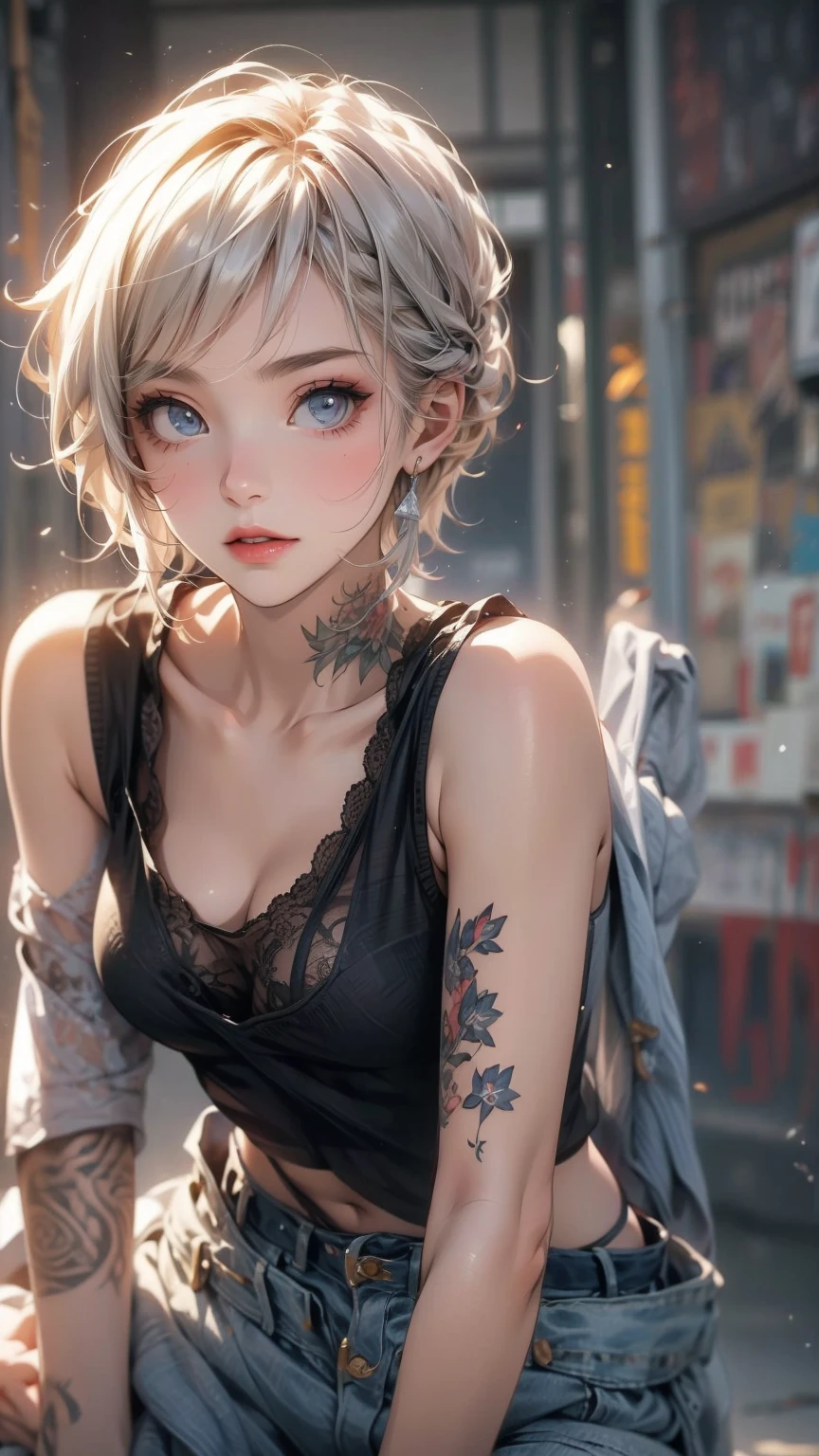 (masterpiece, High resolution, highest quality), ((20 year old woman, Composition from head to thighs, Upper body focus)), fashion pose, detailed eyes, Avant-garde makeup, messy short hair:1.2, ash gray hair, Tank top, tattoo all over the body, blurred background, The deserted backstreets of Cuba:1.3, cinematic lighting, anime style, simple lines, digital painting,