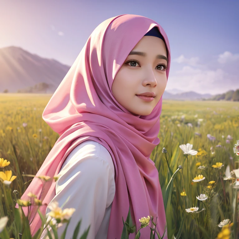 arafed woman in pink hijab in butterfly field, beautiful digital painting, beautiful art uhd 4k, beautiful digital artwork, beautiful digital illustration, very beautiful portrait, beautiful detailed portrait, beautiful digital art, very digital art beautiful, stunning digital painting, detailed beauty portrait, beautiful digital painting, 4k detailed painting, beautiful beautiful digital art, UHD, realistic, faint smile.

