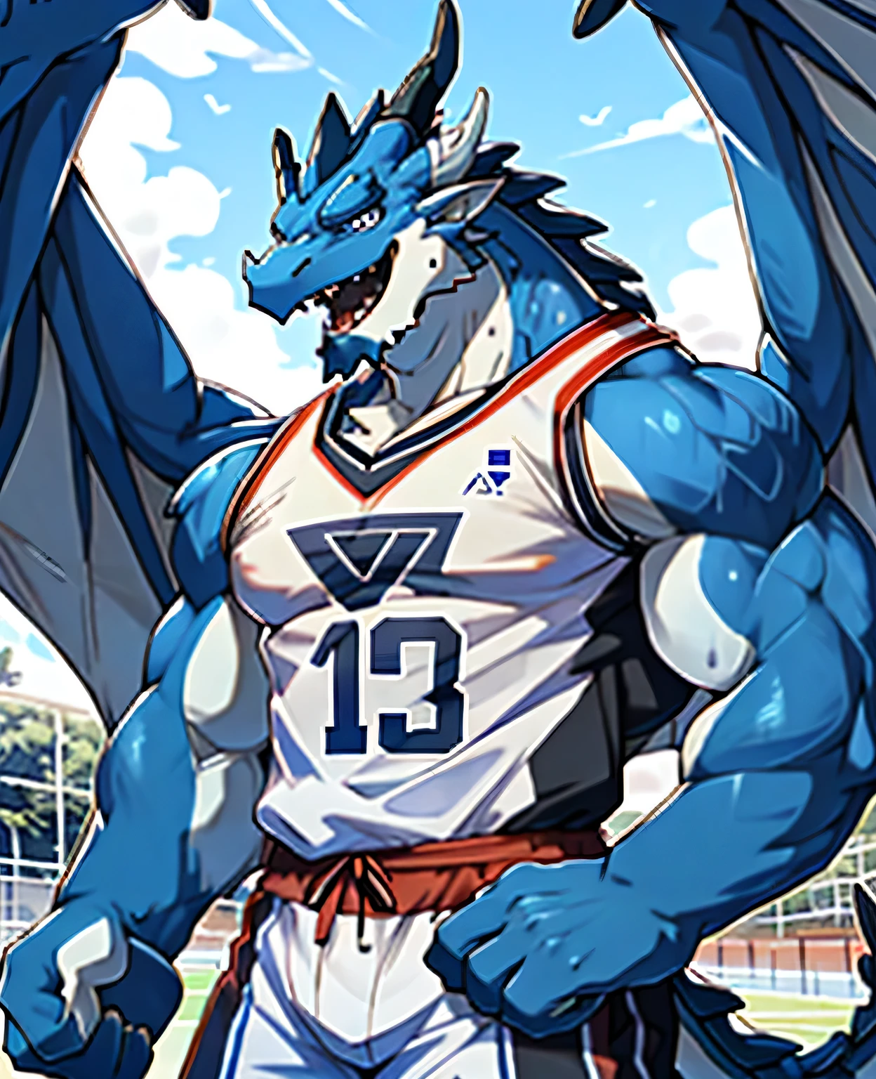Publaz, (dragon), Two-color, dragon&#39;s eyes, (muscular body:1.3), perfect eyes, Handsome, OK,(white basketball jersey), (on the playground),(Express), sports field background,(close up),(happy eyes:1.2),look at screen,(dragon horn),(Dragon tail),different students,A perfect masterpiece,(16K),white belly,alone,((Strong)),(sports field background),(Sweat),Perfect proportion,front,blush,(Wave hello，Watching you:1.5),(Basketball in hand:1.3),(Open your mouth slightly and breathe.:1.2),(close range:1.2),(clothes soaked with Sweat:1,3),Strong,muscle,more details,CG,bi-winged，With wings，HD，detailed，clear