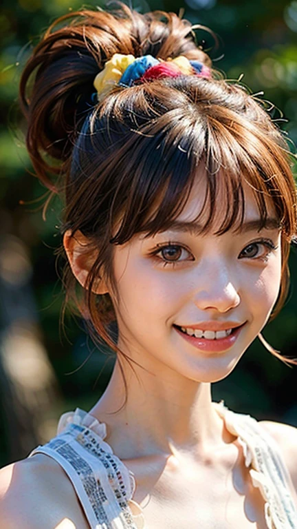 highest quality, masterpiece, ultra high resolution, (realistic:1.4), (close portrait) Raw photo, 1 girl,20-year-old,((Holiday Substitute々tree park)),((Asian Fashion)),messy hair,((Ponytail and scrunchie, chestnut-colored hair)),((Bangs short hair)),realistic,picture media chest)),((toothy smile)),((big smile))
