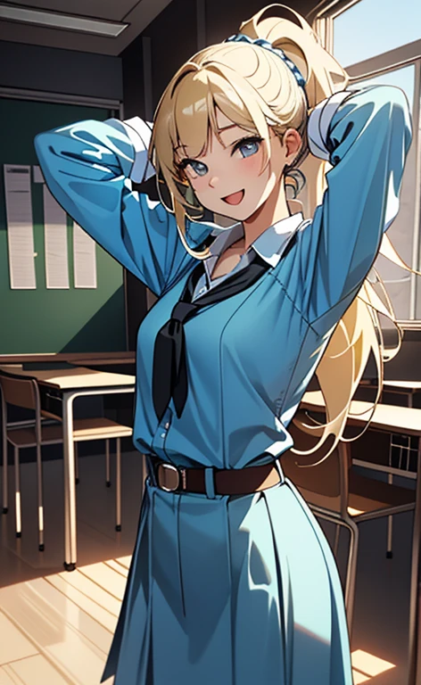 (realistic:1.4、​masterpiece、top-quality、8k size wallpaper、offcial art)、(character focus、,cowboy shot:1.6)、(1girl),(seductive smile,Open mouth:1.3),(half closed eyes),cute face,blue eyes、(arms behind head:1.3)、
,(stand),(Shining smile),
,(slender),(school uniform),(ponytail、long fluorescence blonde hair1.3), (small breasts)、
、fluorescence、classroom,JK、
