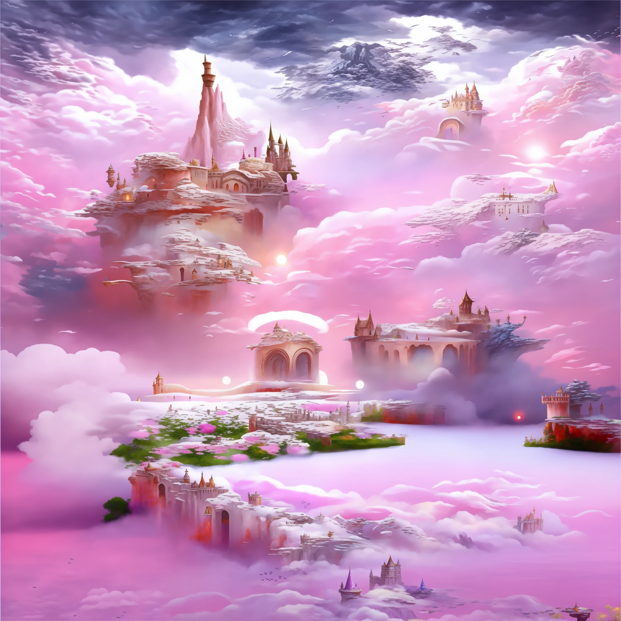 Best quality, super high resolution, 16K, viele Details, a painting of a castle in the clouds with pink sky, in the wonderland of white clouds, in the wonderland of white clouds, in the wonderland of white clouds, Background of the bright kingdom, detaillierte digitale Fantasy-Kunst, beautiful detailed fantasy, lying on the white cloud wonderland, Palast, der im Paradies schwebt, herrlicher Hintergrund, magisches Schloss, magische Fantasie sehr detailliert, fliegendes Wolkenschloss, Skurrile Fantasy-Landschaftskunst, Beautiful fantasy painting