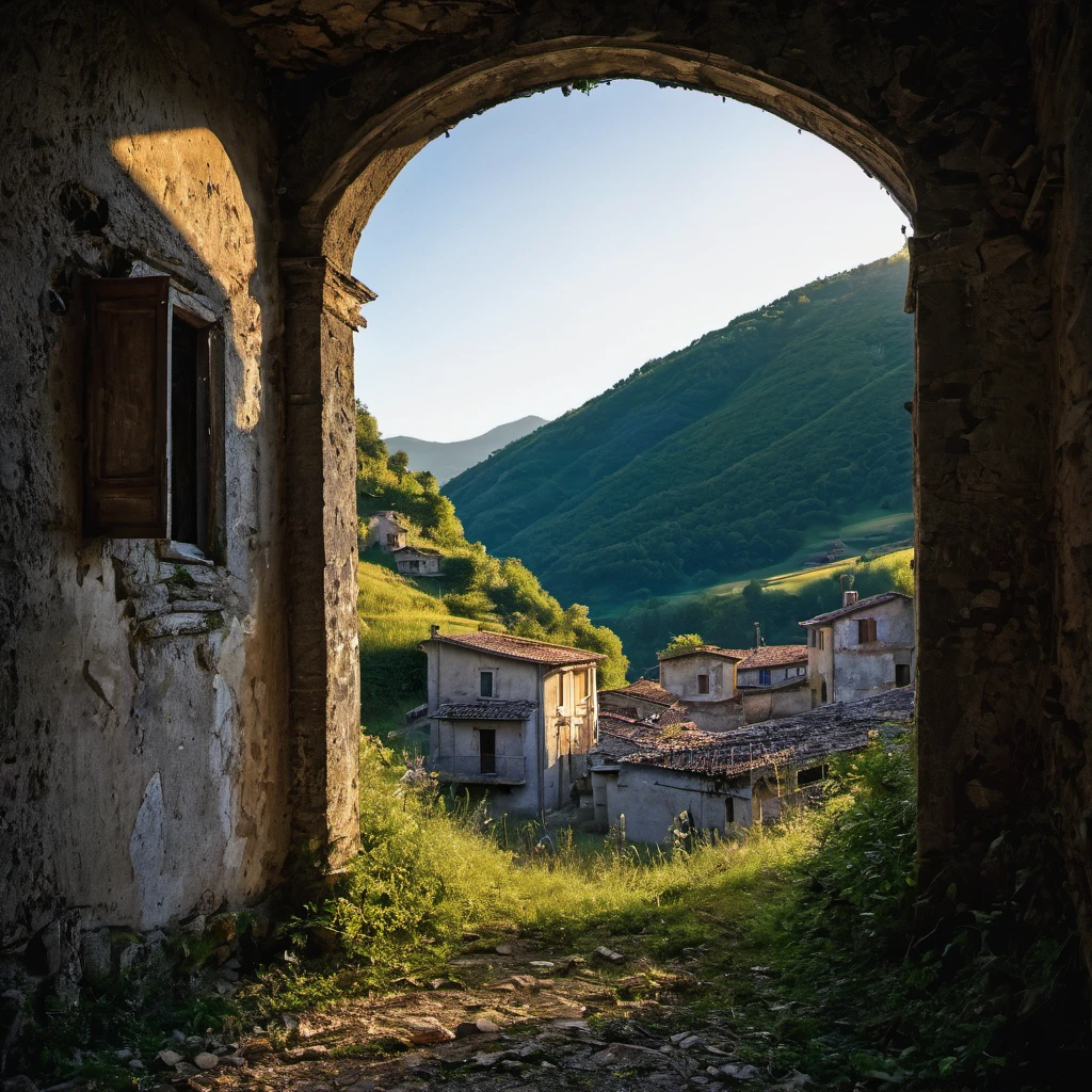 looking through  a very old abandoned italian mountainous village,  paint chipping away, photography, extremely detailed photo, crepuscular lighting, fujifilm provia 400x, massurrealism, luminous shadows, renaissance-inspired chiaroscuro, HDRI
