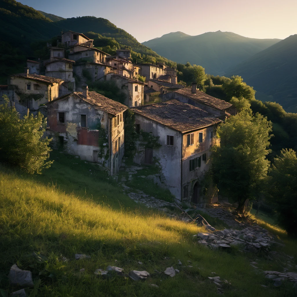 looking through  a very old abandoned italian mountainous village,  paint chipping away, photography, extremely detailed photo, crepuscular lighting, fujifilm provia 400x, massurrealism, luminous shadows, renaissance-inspired chiaroscuro, HDRI