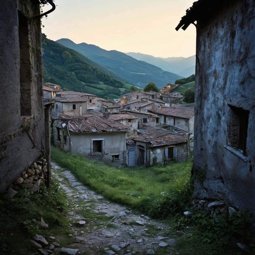 looking through a very old abandoned italian mountainous village, paint chipping away, photography, extremely detailed photo, crepuscular lighting, fujifilm provia 400x, massurrealism, luminous shadows, renaissance-inspired chiaroscuro, HDRI