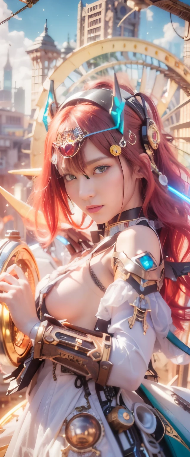 (top-quality:1.2, masterpiece)、ultra high resolution、extremely ultra surrealism, (Photorealsitic:1.4)、Raw photo、(Steampunk Battle Cyborg fallen angel)、large wings made of metal、black porcelain body、red hair、glowy skin、1 Cyborg girl、(mechanical frame:1.3)japanese, extremely cute face, ((super realistic details))、portrait、globalillumination、Shadow、octan render、8K、ultrasharp、character edge light、Details of complex ornaments、Acrylic Clear Cover、Sumerian details、Hydraulic cylinder、Small LED lamp、highly intricate detail、Realistic light、a purple eye、radiant eyes、Facing the camera、neon details、cowboy shot、Futuristic headgear、About Cyberpunk