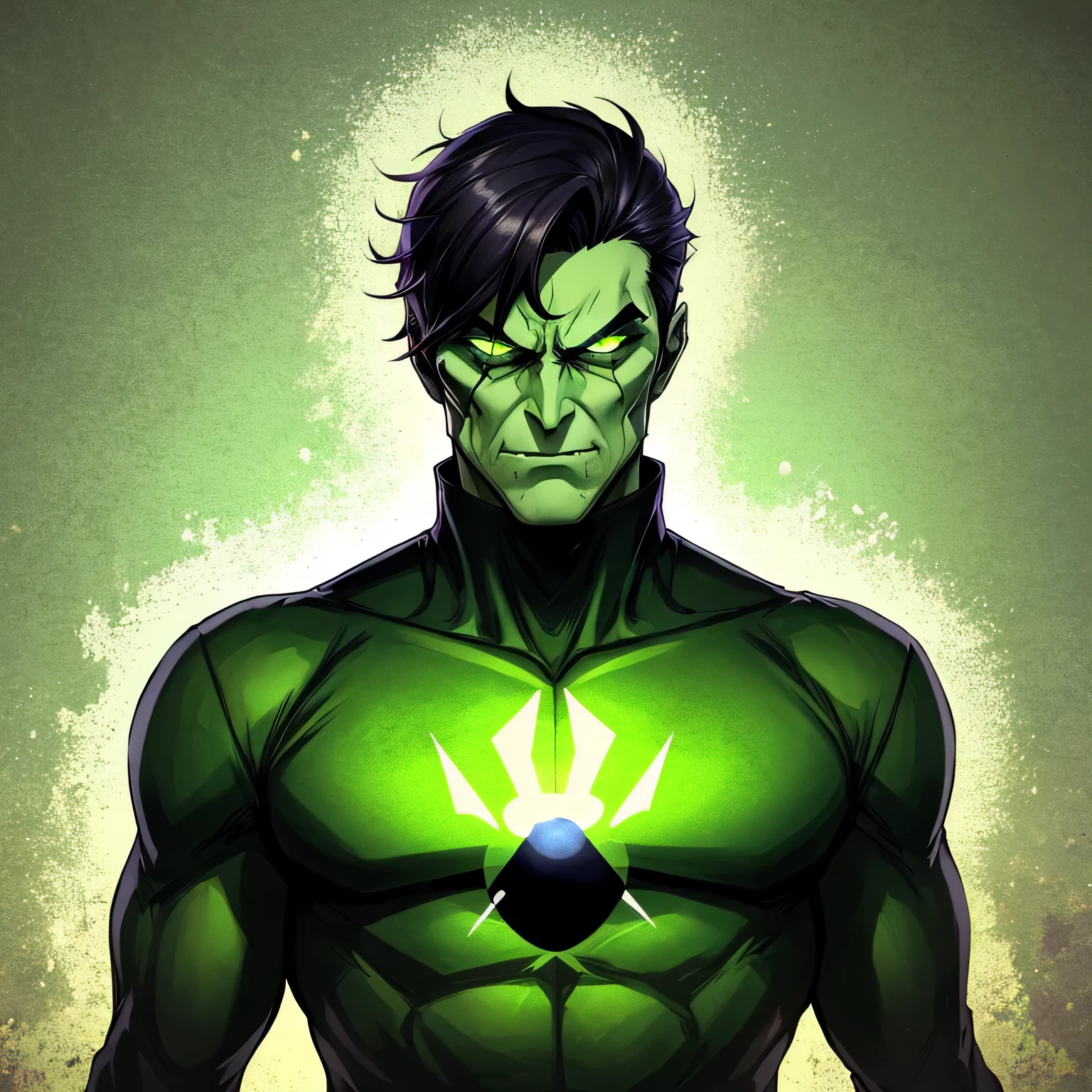 Scary villain whose dark green uniform with an atom on his chest 