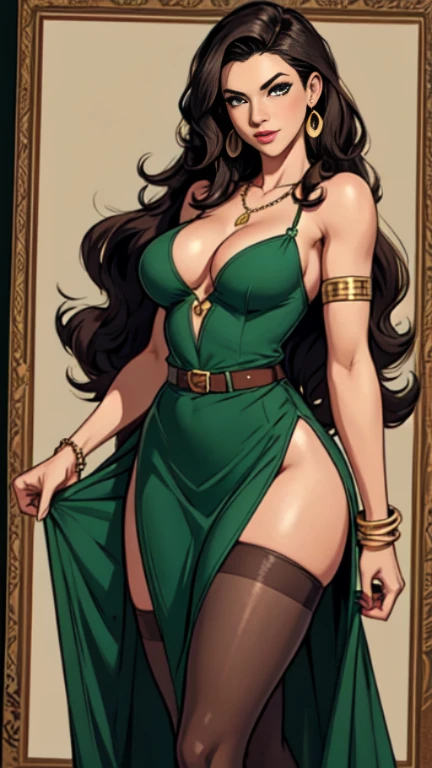 1woman 30year old, pin-up,solo, long hair, looking at viewer, long curly hair, cleavage, bare shoulders, green eyes, jewelry, medium breasts, earrings, slit soft dress, pantyhose,belt, necklace, bracelet, lips, armlet