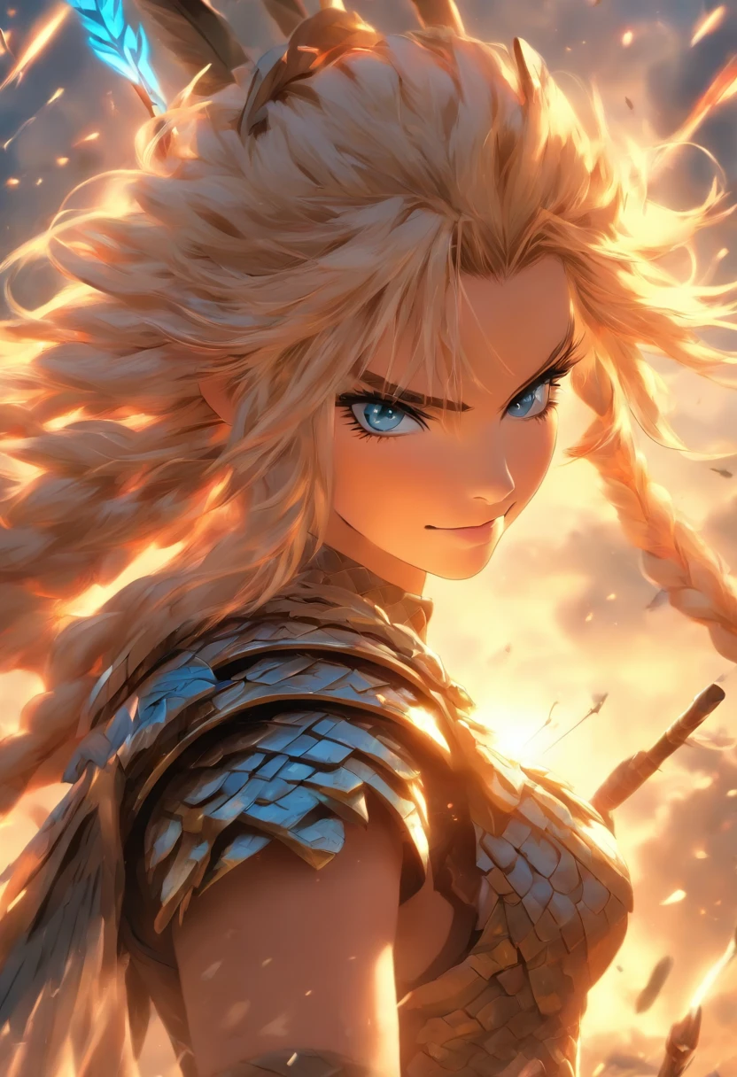 belligerent girl, Valkyrie, bold and beautiful, Short blond hair, Blue eyes, smile, Predator's Gaze, Developing hair, A look over the shoulder, Sparkling steel, Bow and arrows, weapon, heat of battle, battle, Clouds, realistic photo, high quality, masterpiece, detailed study.