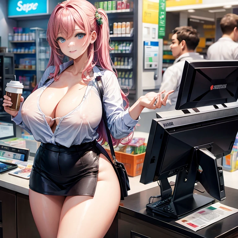 convenience store、Beauty、clerk、uniform、Cashier、working the cash register、Shopping basket、register、serious personality、camel toe、huge tit、Nipple Puffs、cleavage、Plump、Super big breasts、super big butt、During checkout、Barcode reader、Coffee Server、Milk is breast milk