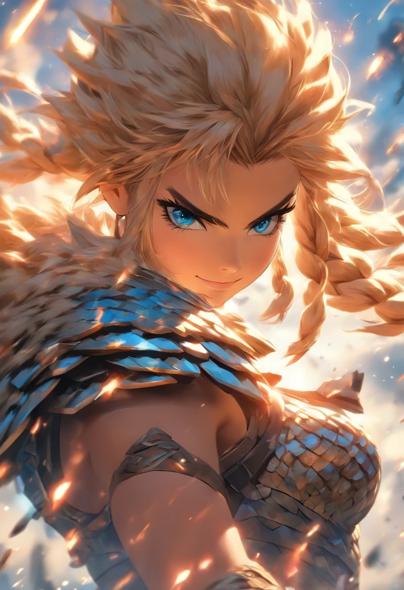 belligerent girl, Valkyrie, bold and beautiful, Short blond hair, Blue eyes, smile, Predator's Gaze, Developing hair, A look over the shoulder, Sparkling steel, Bow and arrows, weapon, heat of battle, battle, Clouds, realistic photo, high quality, masterpiece, detailed study.