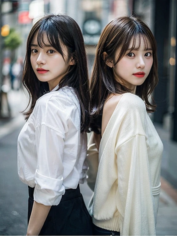 Twin women、bust up photo、black hair、Clear system、blurred background、(realistic pictures:1.1)、Back to back、