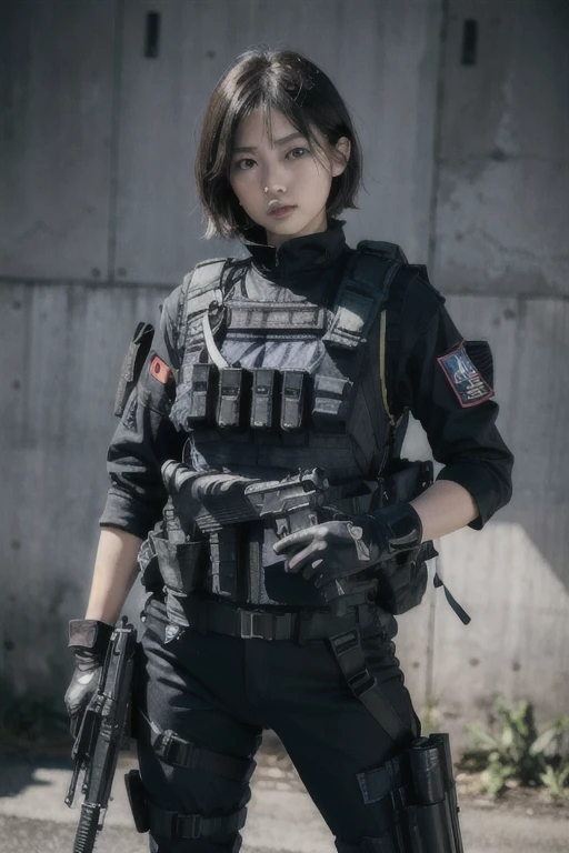 ((Best Quality, 8K, Masterpiece: 1.3)), ((best quality)), photorealistic, photorealism, Photorealistic, high resolution, 1girl aiming with an ak-47 assault rifle, Combat pose, looking at the camera, (Detailed face), short hair, (wearing red rubber suit, tactical vests, military harness, black gloves, high-tech headset), cloths color based on black dark blue), revealed thigh, Gun, Fingers are occluded, concrete wall background,