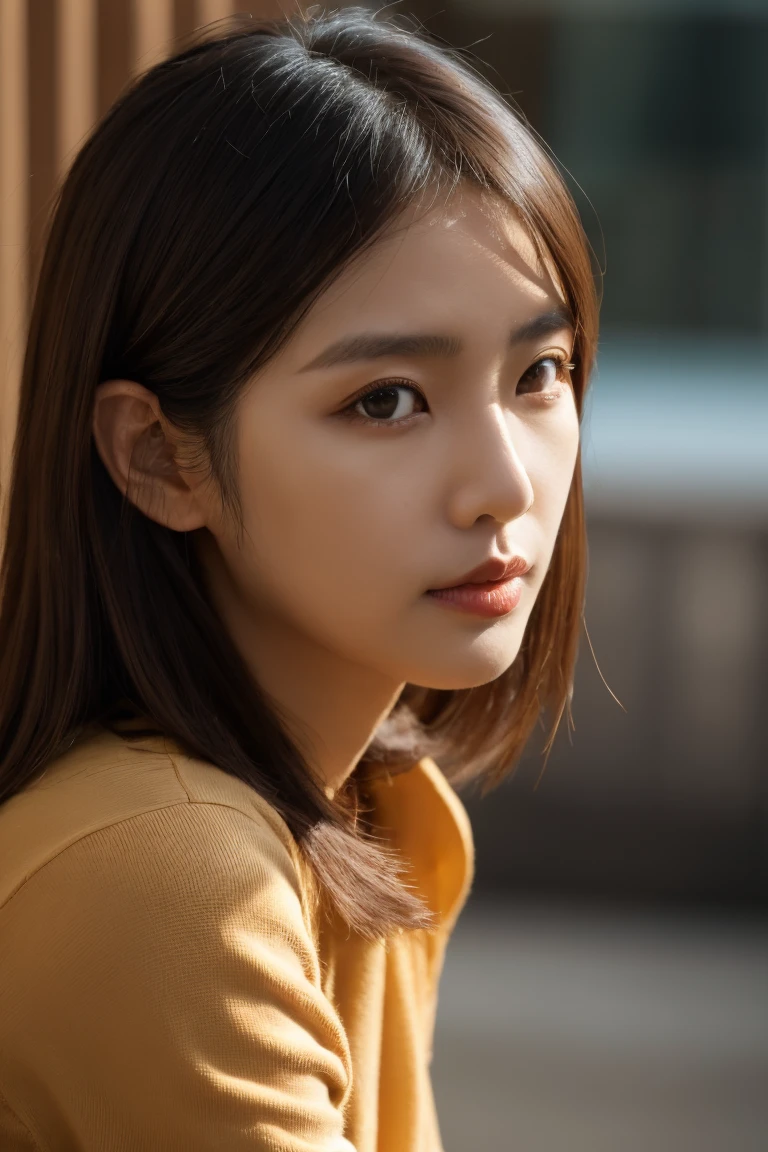 40-year-old Taiwanese woman，Height 175 cm，single eyelid，round face，short brown hair，Tight T-shirt，Large sagging breasts，split，Pleated skirt , actual，Cinematic feel，look at the audience，Close-up of upper body
