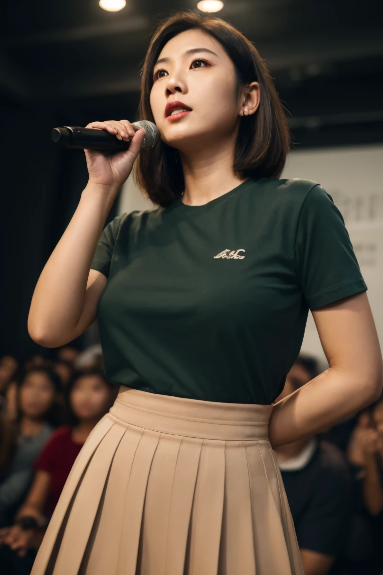 40-year-old Taiwanese woman,Height 175 cm,single eyelid,round face,short brown hair,Tight T-shirt,Large sagging breasts,split,Pleated skirt , actual,Cinematic feel,look at the audience,Close-up of upper body