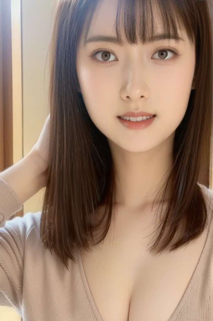 
((highest quality,8K,masterpiece:1.3)), Japanese, 26 year old female model,bangs、black haired、long hair、straight hair、Hair fluttering in the wind、((8K、RAW photo、excellent quality、masterpiece:1.2)、(realistic、Photorealistic:1.37)、1 girl、view audience、detailed beautiful face、laughter、(thin waist) :1.3)、shirt、beautifully detailed skin、skin texture,professional lighting、small breasts、Soft Eyes