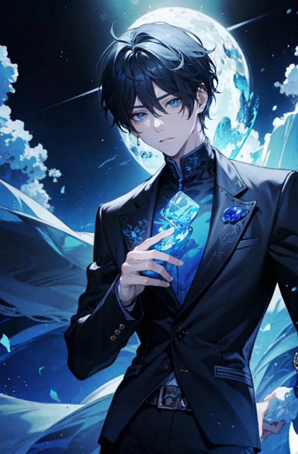 ung man ,Black hair has a strong blue sheen. ,Black eyes sparkling blue ,Wear a fashionable black and blue shirt. ,There were white and black cards floating around behind him.
