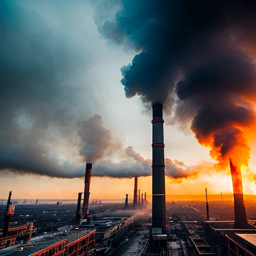 A grand factory with predominant colors of black, red, and gold, an industrial masterpiece, intricate machinery and structures, steadfast workers in uniforms of the same hues, smoke stacks emitting golden particles against the darkened sky, imposing and towering, high-detailed textures, dramatic perspective, cinematic lighting, grungy yet elegant, best quality, high resolution, 8k image.