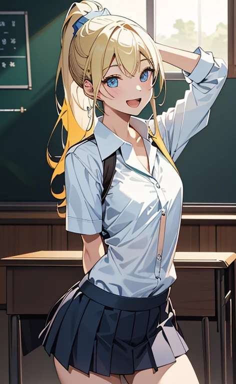 (realistic:1.4、masterpiece、top-quality、8k size wallpaper、offcial art)、(character focus、,cowboy shot:1.6)、(1girl),(seductive smile,Open mouth:1.3),(half closed eyes),cute face,blue eyes、(arms behind back:1.3)、
,(stand),(Shining smile),
,(slender),(school uniform),(ponytail、long fluorescence blonde hair1.3), (small breasts)、
、fluorescence、classroom,JK、