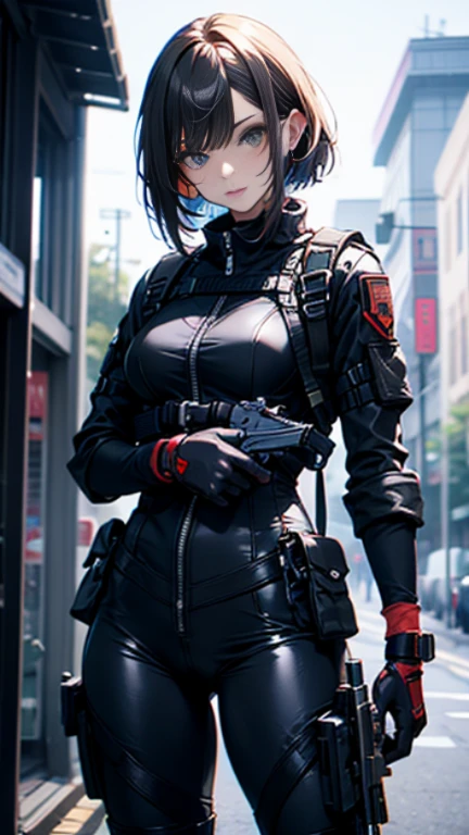 ((Best Quality, 8K, Masterpiece: 1.3)), ((best quality)), photorealistic, photorealism, Photorealistic, high resolution, 1girl aiming with an ak-47 assault rifle, Combat pose, looking at the camera, (Detailed face), short hair, (wearing red rubber suit, tactical vests, military harness, black gloves, high-tech headset), cloths color based on black dark blue), revealed thigh, Gun, Fingers are occluded, concrete wall background,