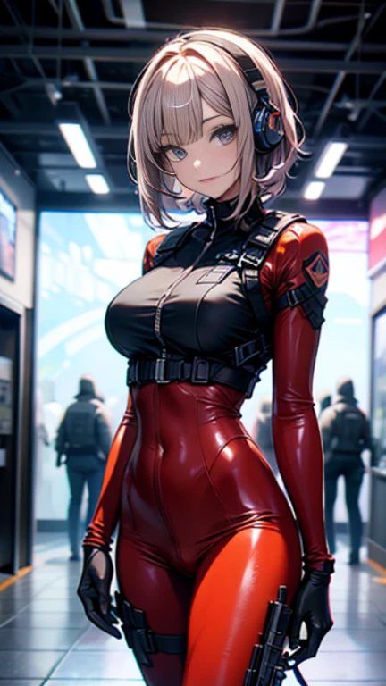 ((Best Quality, 8K, Masterpiece: 1.3)), ((best quality)), photorealistic, photorealism, Photorealistic, high resolution, 1girl aiming with an ak-47 assault rifle, Combat pose, looking at the camera, (Detailed face), short hair, (wearing red rubber suit, tactical vests, military harness, black gloves, high-tech headset), cloths color based on black dark blue), revealed thigh, Gun, Fingers are occluded, concrete wall background,