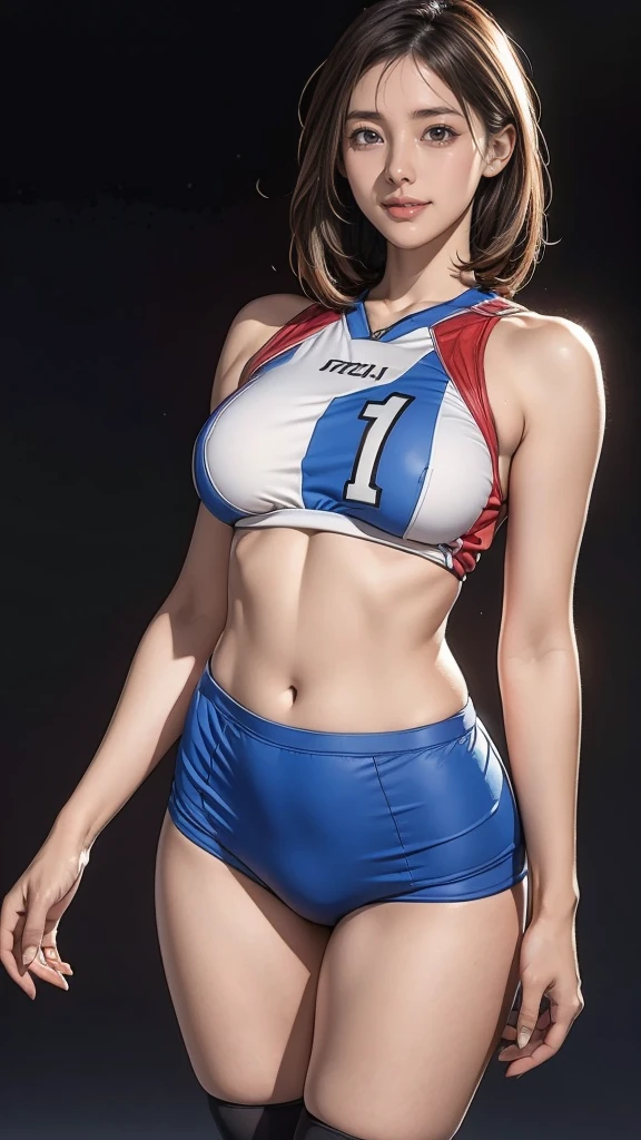 8K, Raw photo, highest quality, masterpiece, realistic, Photoreal, (1 Ultimate beauty), 21 years old, highly detailed face, (perfect teeth), detailed eye, double eyelid, eyelash, grin and laugh, lip details, brunette bob, natural breasts, ((Sexy volleyball uniforms)), soft light, ((Depth of written boundary)) 、Shot from the back、share、stick out your butt、With legs apart、slender body、inverted nipples,