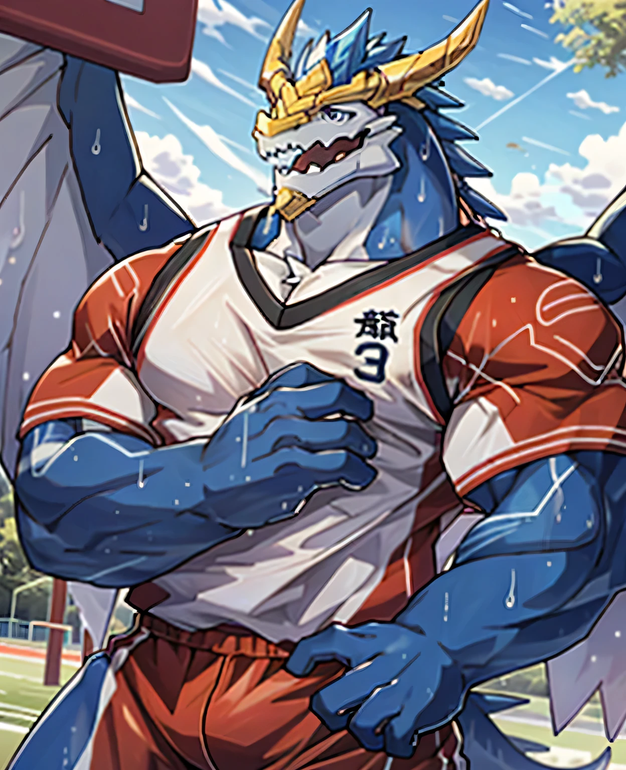 Publaz, (dragon), Two-color, dragon&#39;s eyes, (muscular body:1.3), perfect eyes, Handsome, OK,(white basketball jersey), (on the playground),(Express), sports field background,(close up),(happy eyes:1.2),look at screen,(dragon horn),(Dragon tail),different students,A perfect masterpiece,(16K),white belly,alone,((Strong)),(sports field background),(Sweat),Perfect proportion,front,blush,(Wave hello，Watching you:1.5),(Basketball in hand:1.3),(Open your mouth slightly and breathe.:1.2),(close range:1.2),(clothes soaked with Sweat:1,3),Strong,muscle,more details,CG,bi-winged，With wings，HD，detailed，clear