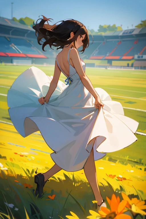 A girl walking on the field with a colorfull sundress. She has dark hair and is quite thin. Her sundress is backless