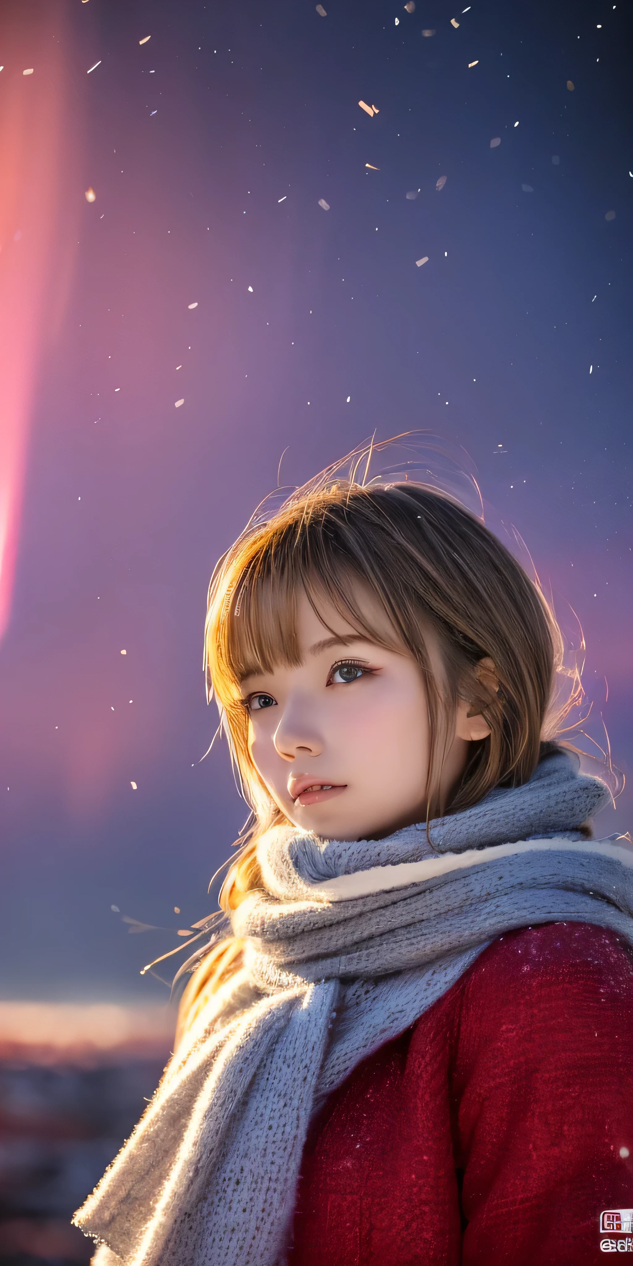 ((hair blowing in the wind、no makeup:1.2))、(realistic、Photoreal、Super detailed、best detailed skins、highest quality、masterpiece、超A high resolution)、cute russian woman、14 years、high school girl、young girl、1 girl、have bangs、ash blonde:1.7、double eyelid、drooling eyes、Japanese style face、purity、realistic skin type、thick muffler、Gray muffler、fluffy hair、((There'hair in scarf:1.3))、red cheeks、The wind is blowing、that'It's snowing、night、illumination、Lighting from behind、hair blowing in the wind、((Antarctica、A world view of the aurora))