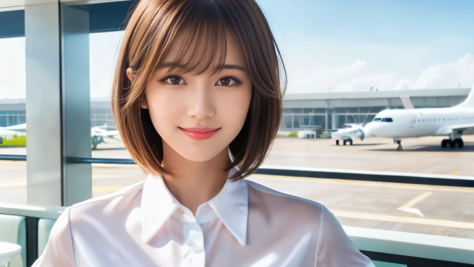 product quality, upper body shot, Stylish cafe terrace at the airport, beauty salon model, young beautiful japanese woman, short bob hair, hyper pretty face, glamorous, I wear a satin silk white shirt with short sleeves and long sleeves with a collar, A big smile on the airport cafe terrace, glossy lips, double eyelids of both eyes, natural makeup, long eyelashes, Shiny and smooth light brown hair, asymmetrical bangs, sunburned skin, center image, High resolution, high detail, detailed hairstyle, detailed face, movie lighting, surreal, perfect body,Before leaving for overseas travel,Departure Lobby