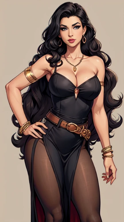 1woman 30year old, pin-up,solo, long hair, looking at viewer, long curly hair, cleavage, bare shoulders, brown eyes, jewelry, medium breasts, earrings, slit soft dress, pantyhose,belt, necklace, bracelet, lips, armlet, ((dynamic angle)),