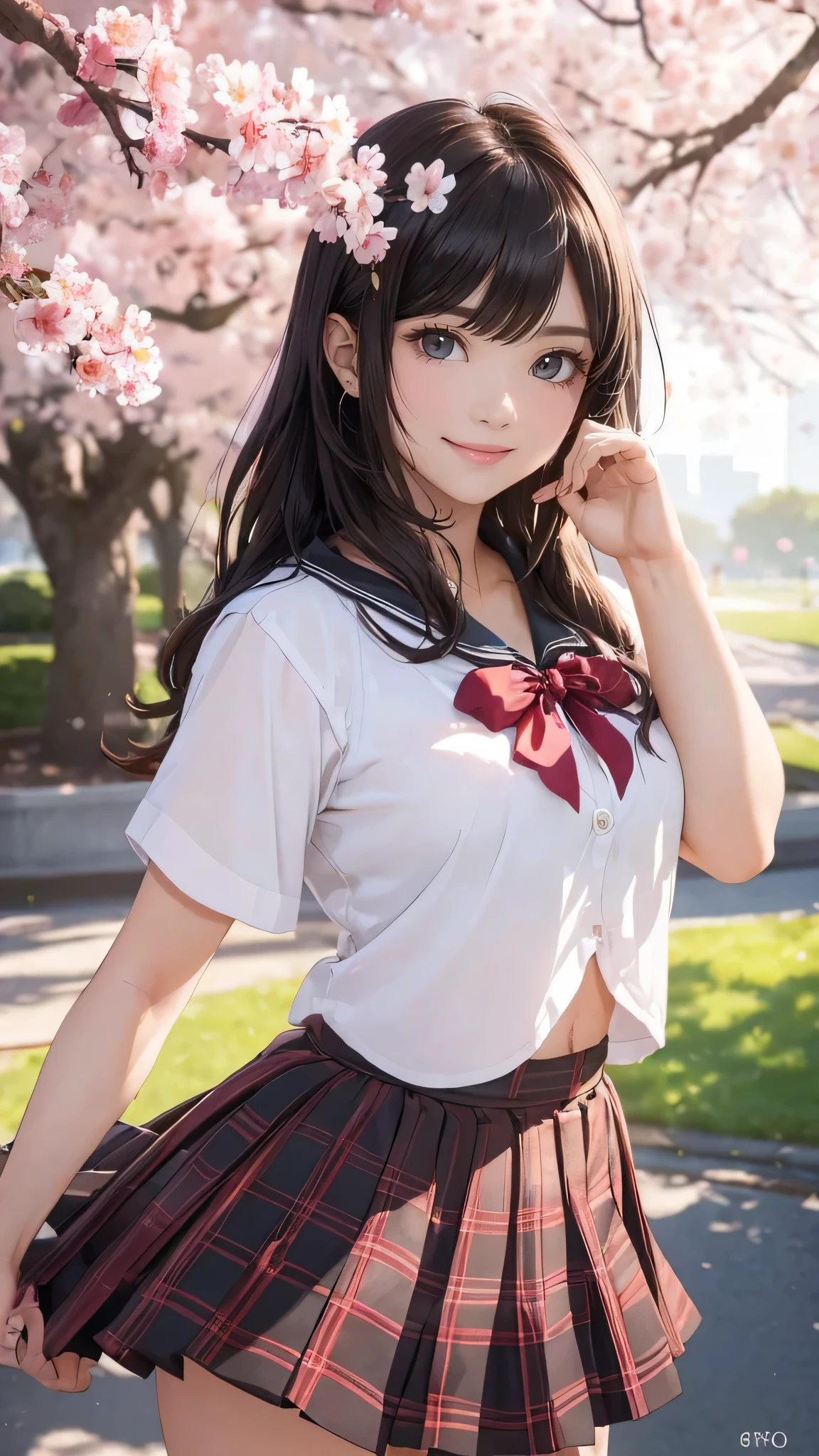 A park where cherry blossoms dance,high school girl,(random pose:1.2),(random hairstyle),(Highest image quality,(8K), Ultra-realistic, Best Quality, High quality, High Definition, high quality texture, high detailing, Beautiful detailed, fine detailed, extremely details CG, Detailed texture, realistic representation of face, masterpiece, presence)