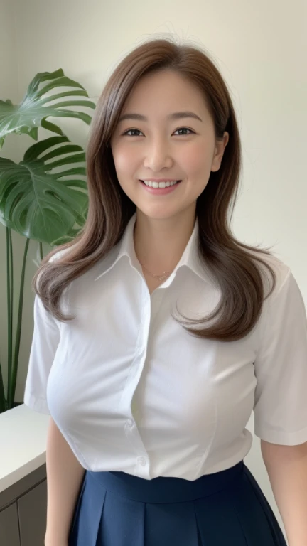 ((highest quality, 8K, masterpiece, portrait: 1.3)), (looking at the viewer), (full shot:0.85), attractive business mature woman, 1 person, a little chubby:0.35, white collared shirt, gray skirt,((big breasts)) (big pelvis:0.3), (officeの机にあぐらをかいて座っている)), smile:0.2, president&#39;office,good posture、