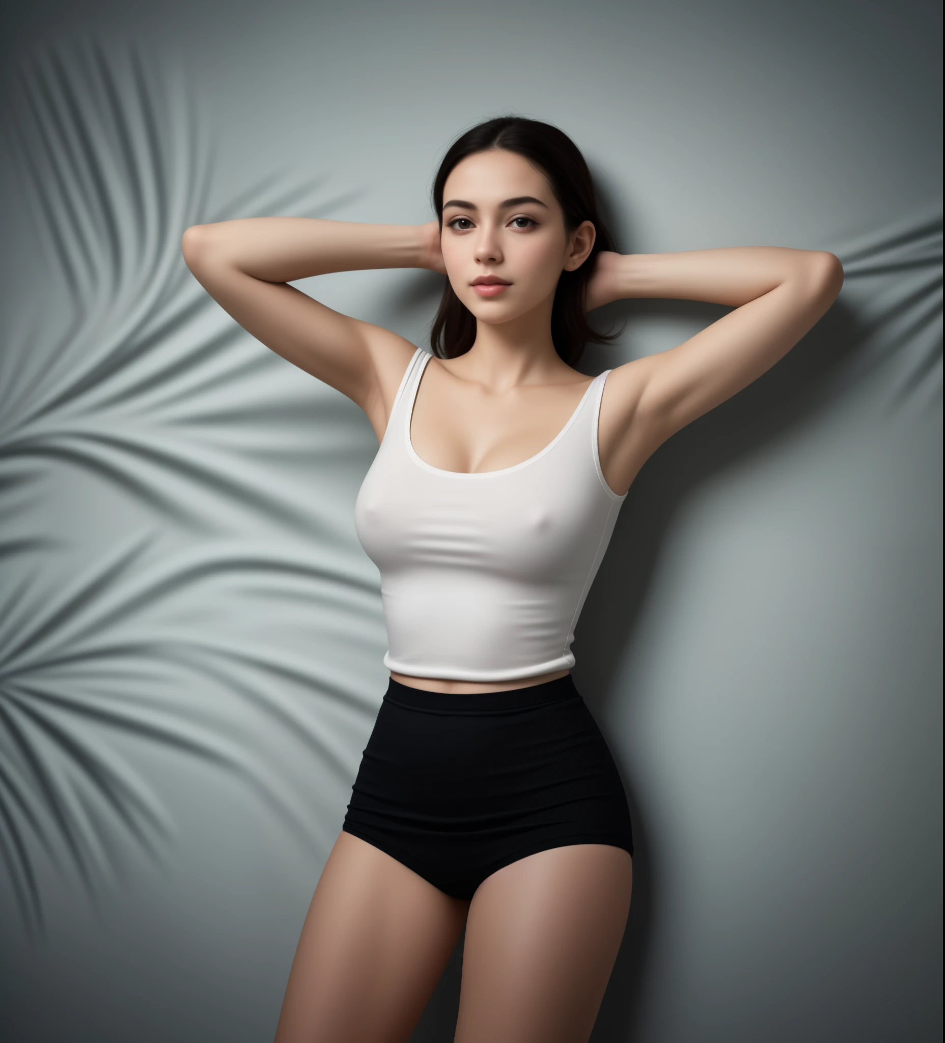 21-year-old, Russian race, European race, (Masterpiece, best quality, photorealistic, high res, photography: 1.3), close-up shot, sharp focus, black hair, hair bun, short hair, hot model, slim, Height 160cm, medium breasts, cute blush, smooth, mild smile, realistic skin, (perfect body, cleavage), sexy hot face, erotic, sexual gaze, slim, extremely detailed hair, shiny lips, sweatshirts, shirts, skirts, baggy, outdoor, bike, leaning back on wall