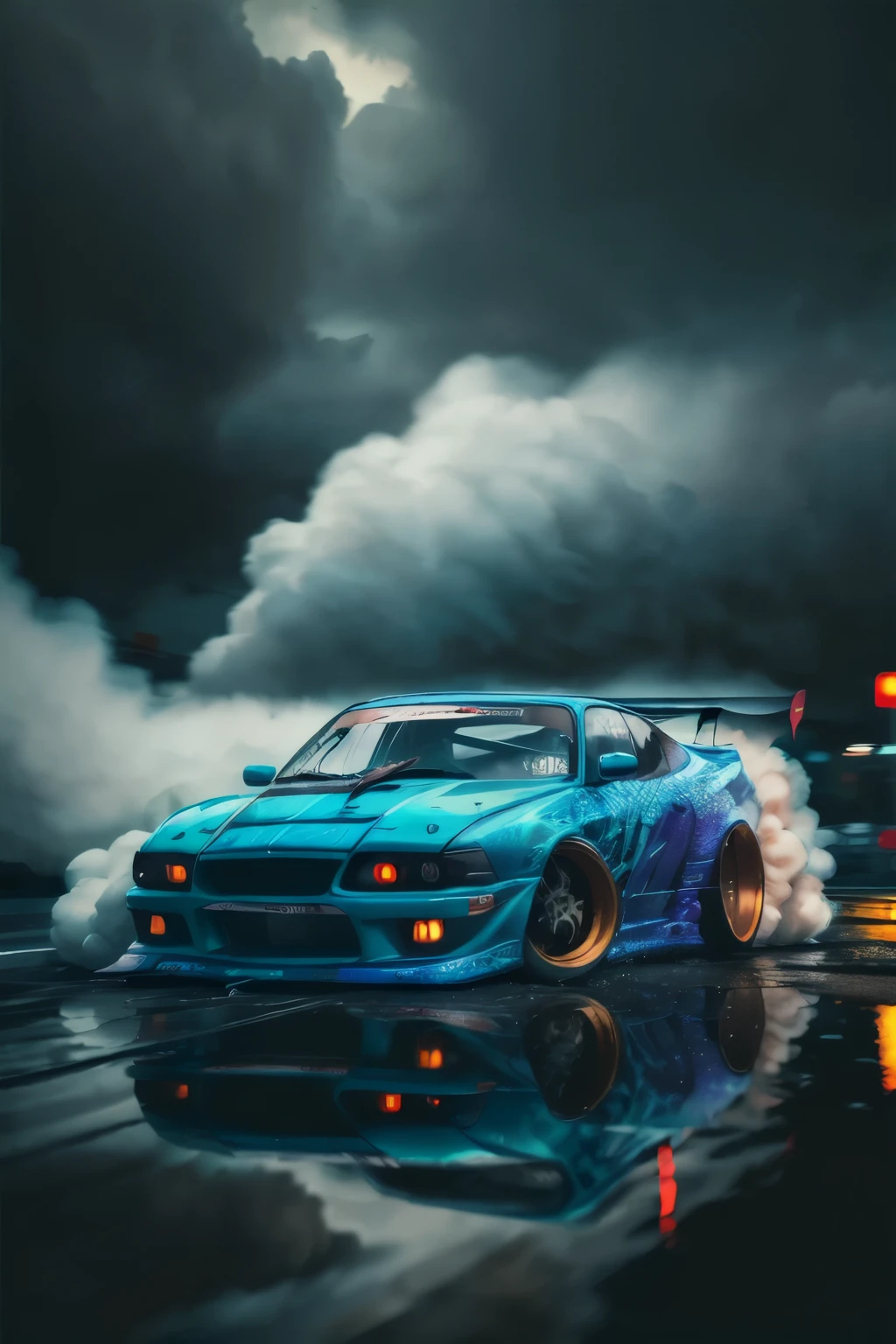 car drifting, Card drift, street, night, downpour, raindrop, Sky,reflection, smokes, tiresmokes, wide angle shot, blurred background, depth of field, cinematic,